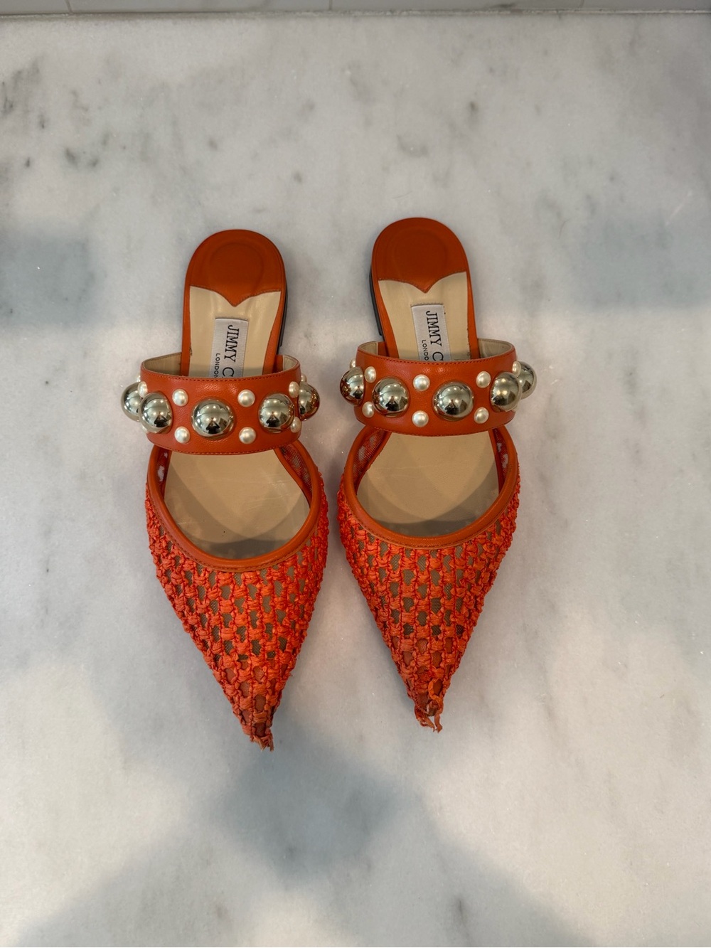 Jimmy Choo Orange Woven Pointed-Toe Slip-On Mules with Pearl and Metallic Studs